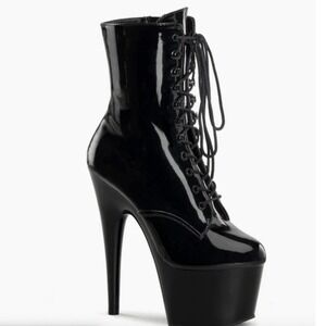 Pleaser Adore 1020 Black Patent 7" Heel Platform Boots 9 Lace Up Dance Stripper
